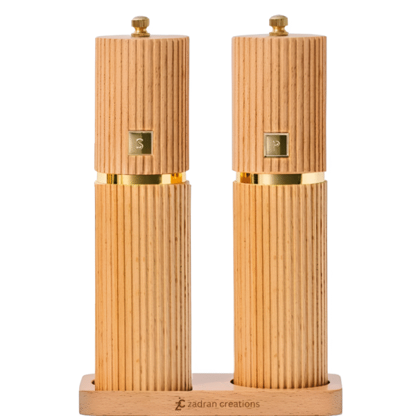 Wooden Salt and Pepper Grinder Set with Gold Accents – Refillable Wooden Manual Salt and Pepper Mill Set with Adjustable Ceramic Mills & Matching Wood Stand - Ideal for Gifting