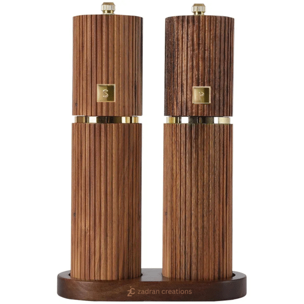 Wooden Salt and Pepper Grinder Set with Gold Accents – Refillable Wooden Manual Salt and Pepper Mill Set with Adjustable Ceramic Mills & Matching Wood Stand – Ideal for Gifting