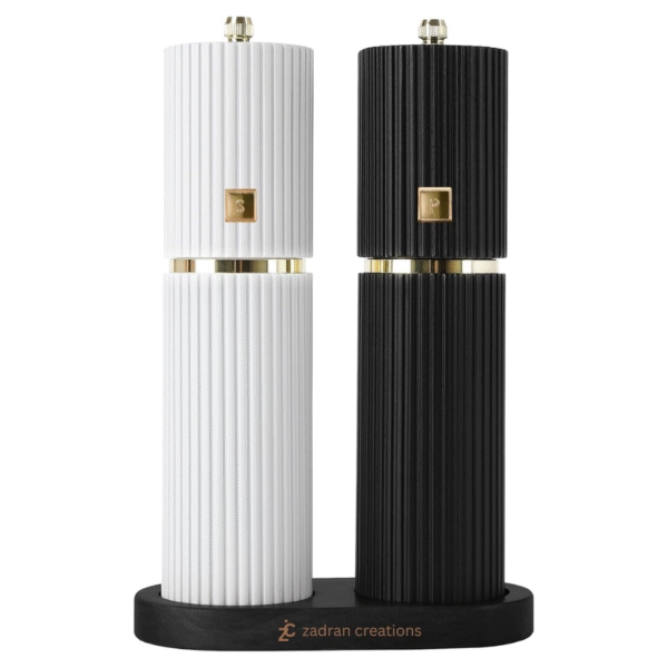 Wooden Salt and Pepper Grinder Set with Gold Accents – Refillable Wooden Manual Salt and Pepper Mill Set with Adjustable Ceramic Mills & Matching Wood Stand – Ideal for Gifting